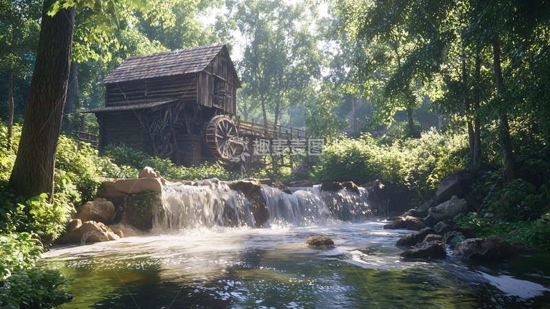 高清大图下载【趣麦麦图】森林水磨坊瀑布