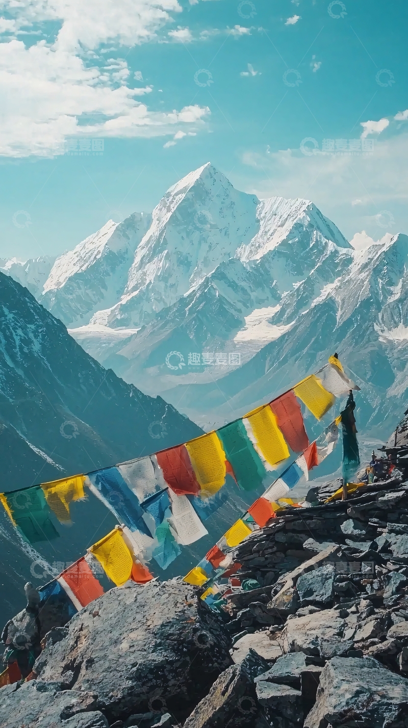 高清大图下载【趣麦麦图】雪山祈福经幡