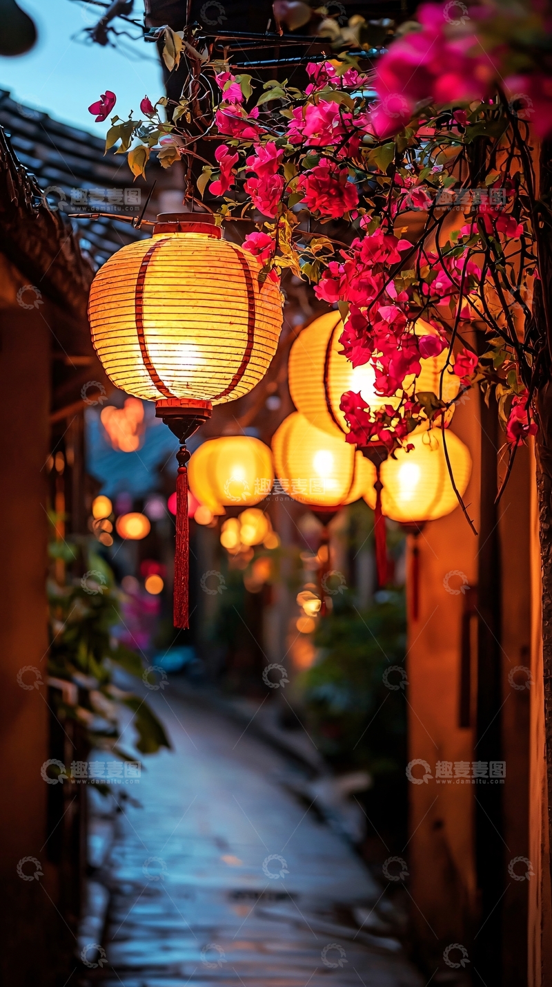 高清大图下载【趣麦麦图】古镇夜景灯笼花藤