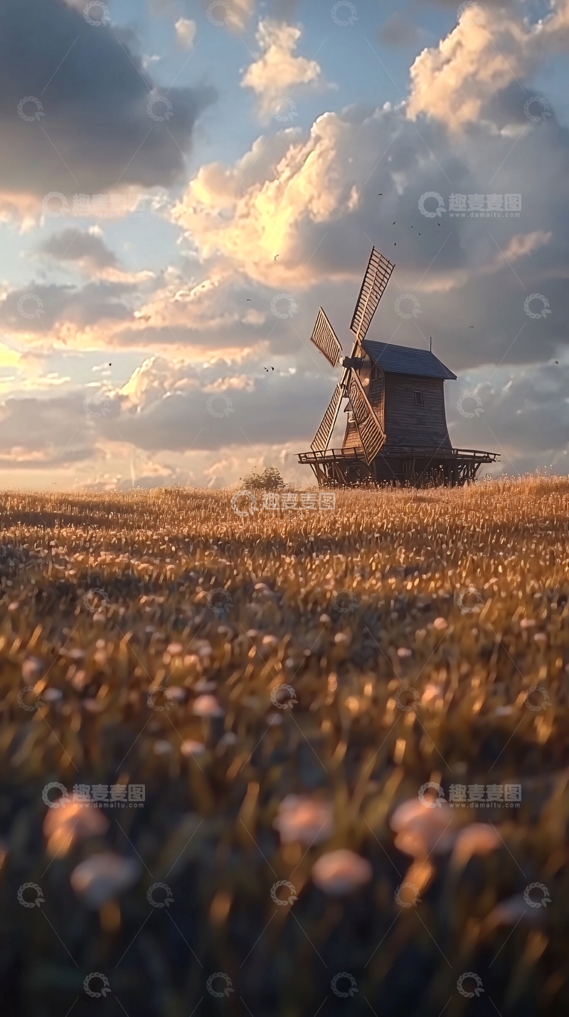 高清大图下载【趣麦麦图】夕阳下田野里的古老风车