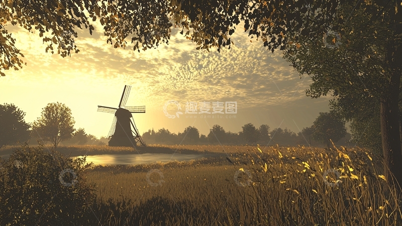 高清大图下载【趣麦麦图】金色晨曦下的风车田园