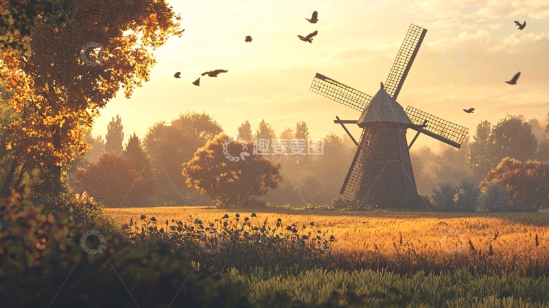 高清大图下载【趣麦麦图】金色田野里的古老风车