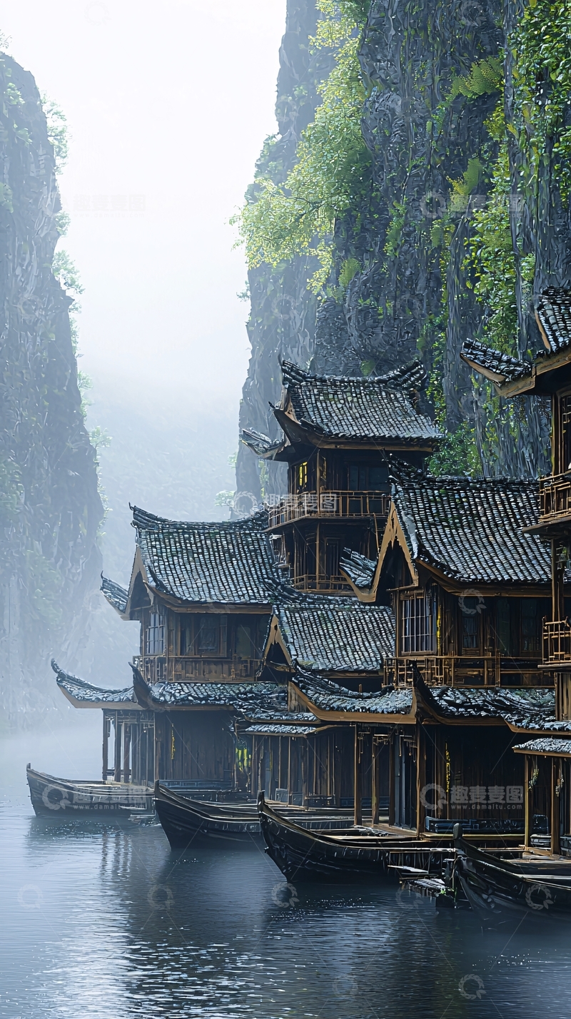 高清大图下载【趣麦麦图】雾气缭绕的古建筑群