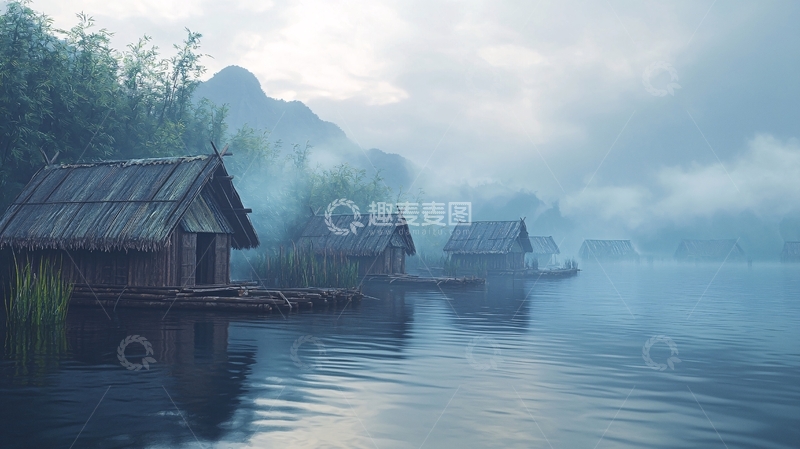 高清大图下载【趣麦麦图】雾气笼罩下的水上木屋
