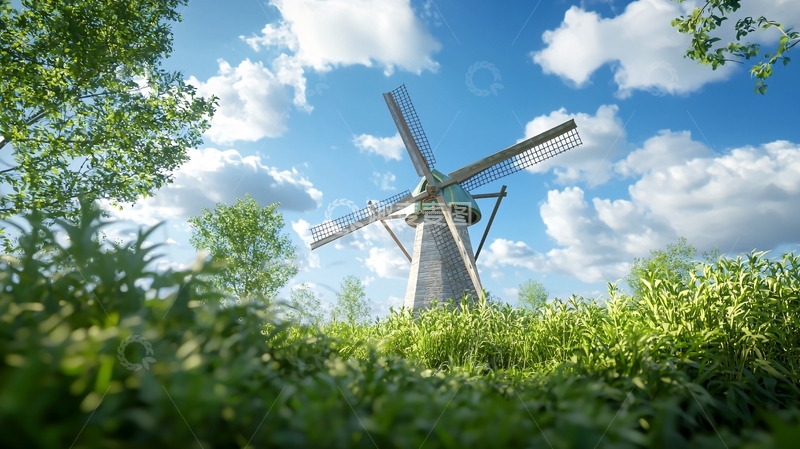 高清大图下载【趣麦麦图】低角度视角下的绿色田园风车