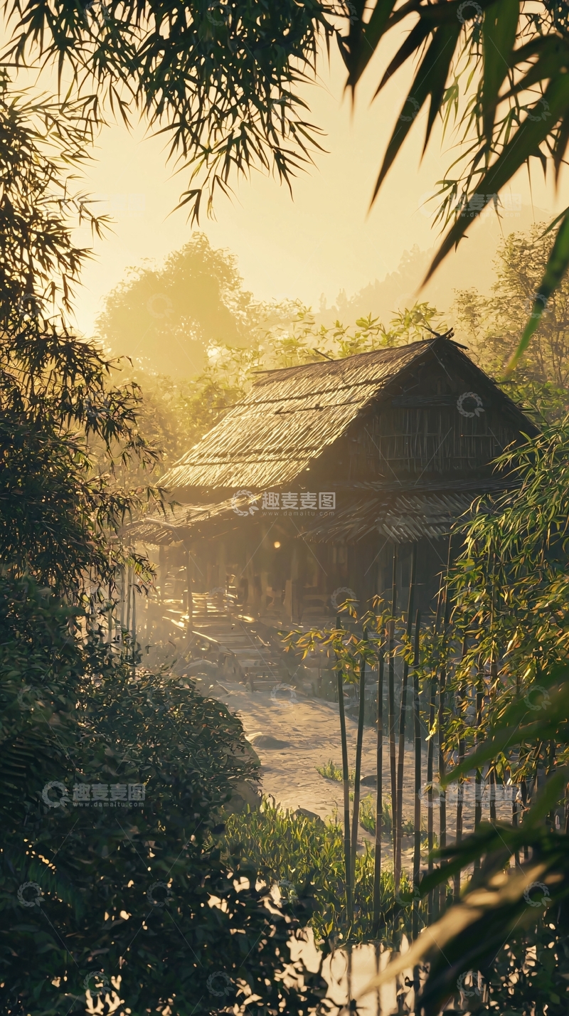 高清大图下载【趣麦麦图】清晨竹林茅草屋