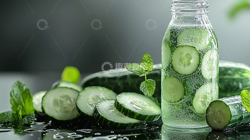 高清大图下载【趣麦麦图】黄瓜薄荷水瓶静物
