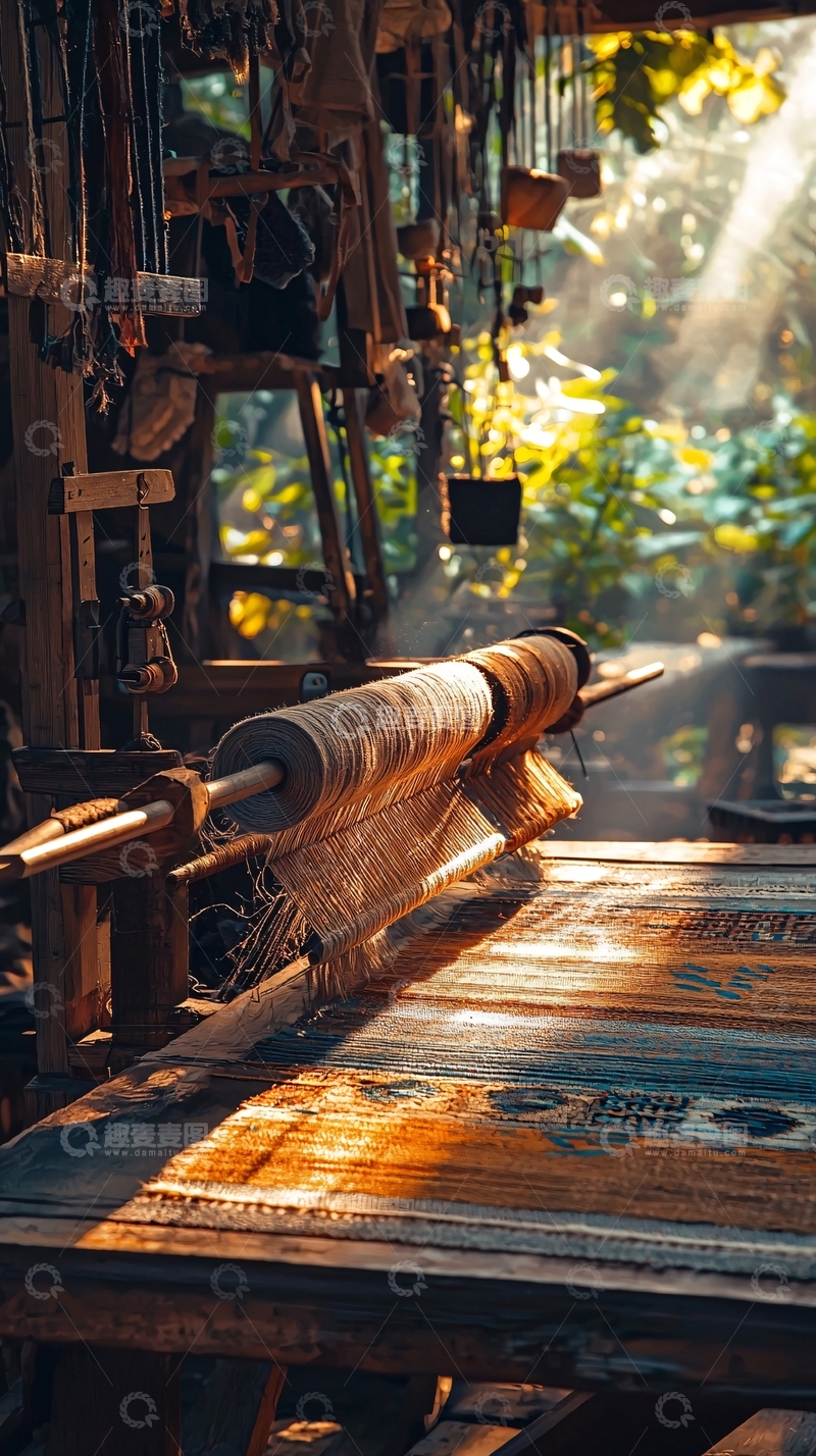 高清大图下载【趣麦麦图】阳光洒进古老织布机