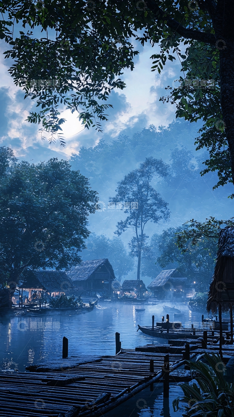 高清大图下载【趣麦麦图】朦胧梦幻的河边村落
