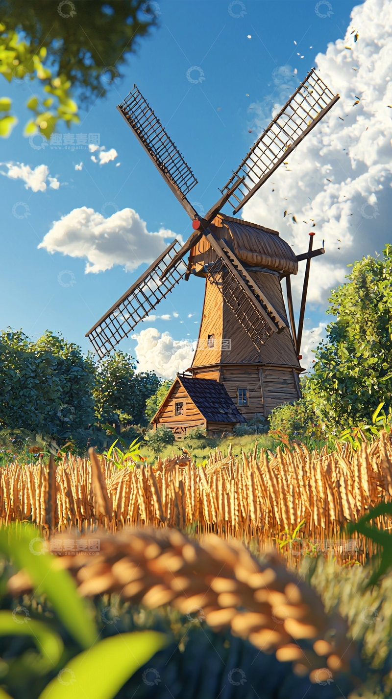 高清大图下载【趣麦麦图】田园风光下的古老风车