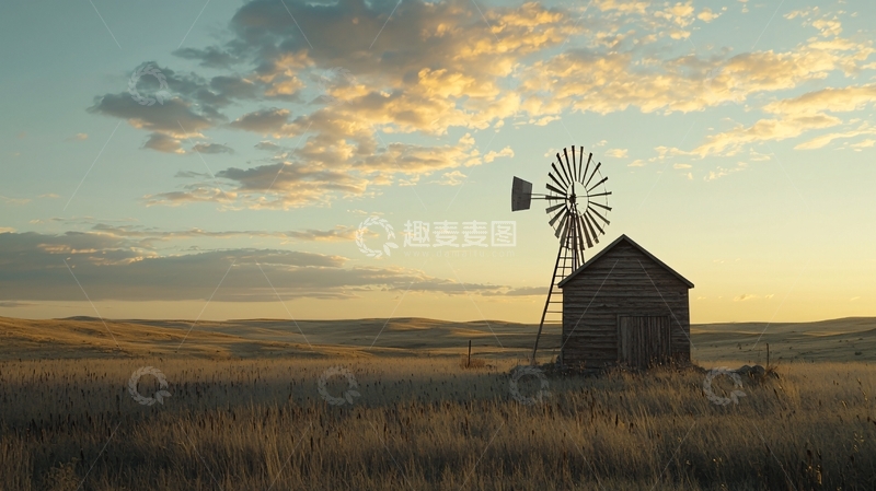高清大图下载【趣麦麦图】日落下的乡村风车小屋