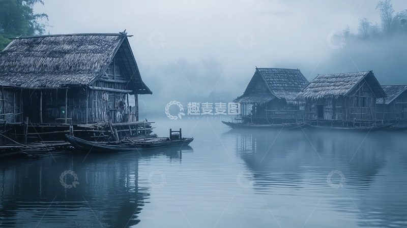 高清大图下载【趣麦麦图】雾气笼罩下的水上木屋
