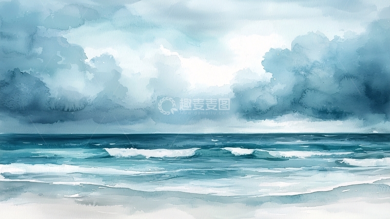 高清大图下载【趣麦麦图】水彩风格海景与阴天