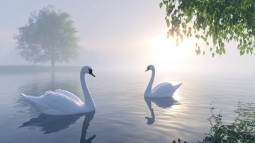 雾中晨曦下的两只白天鹅