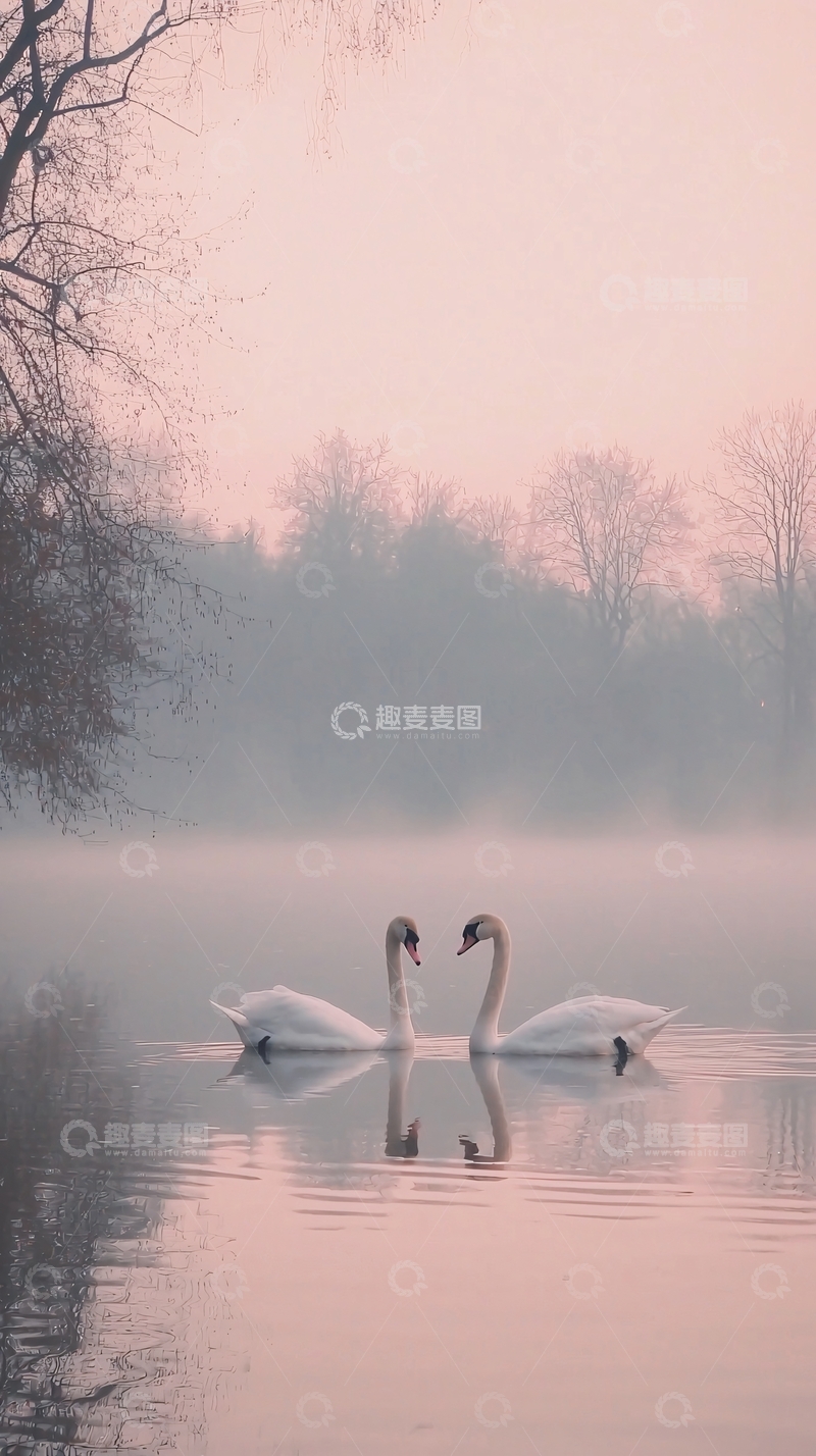 高清大图下载【趣麦麦图】雾中双天鹅