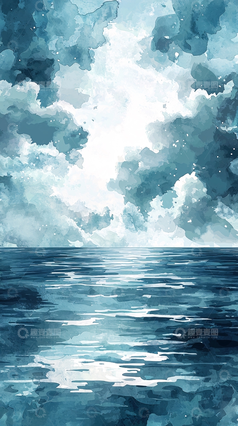 高清大图下载【趣麦麦图】水彩天空大海