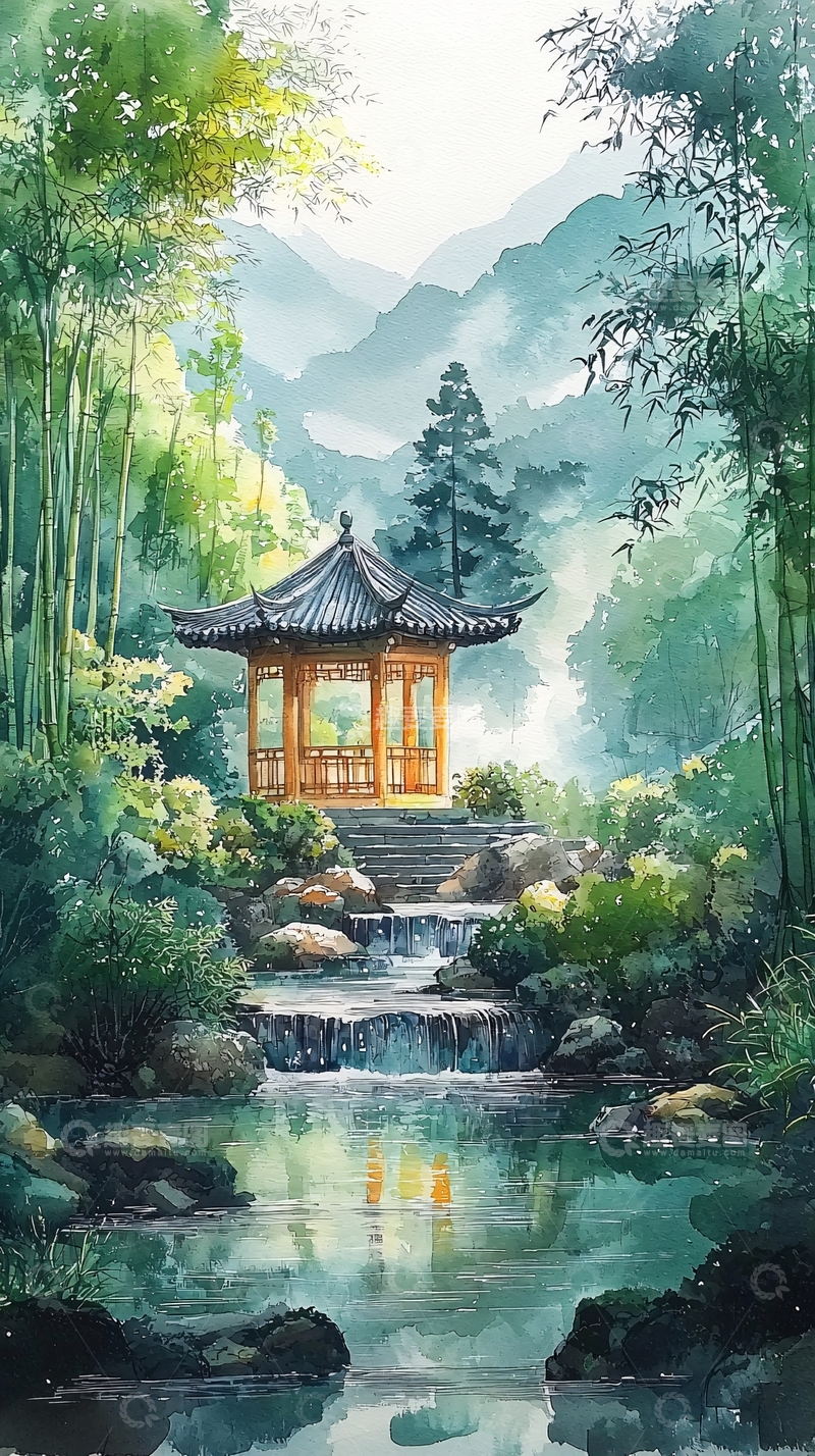 高清大图下载【趣麦麦图】中国风山水亭台水墨画