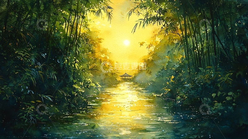 高清大图下载【趣麦麦图】阳光照耀下的竹林小溪