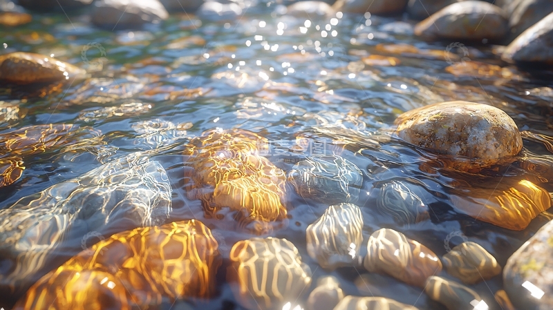 高清大图下载【趣麦麦图】阳光下清澈溪流中的鹅卵石