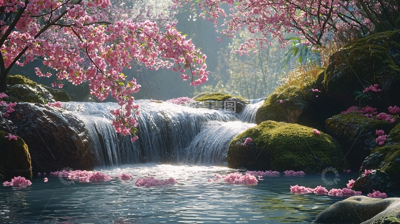 高清大图下载【趣麦麦图】粉色花朵瀑布水流