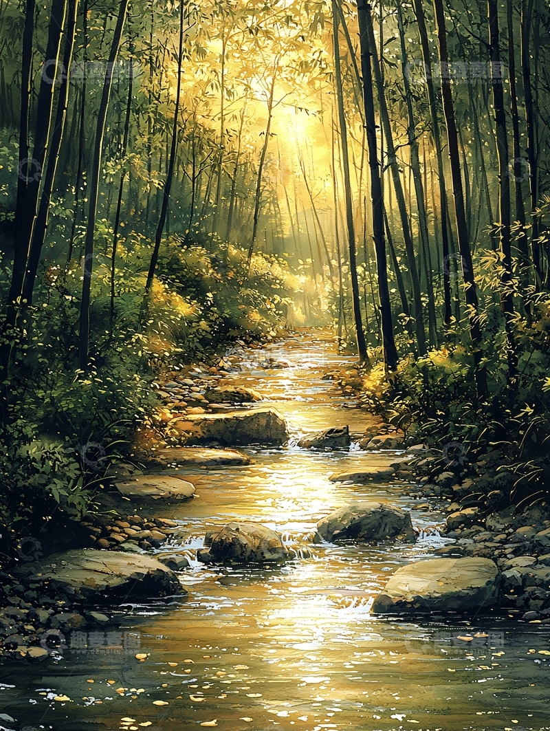 高清大图下载【趣麦麦图】阳光穿透树林的小溪