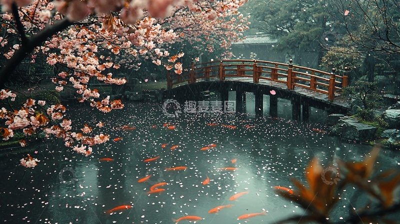 高清大图下载【趣麦麦图】日式庭院樱花锦鲤