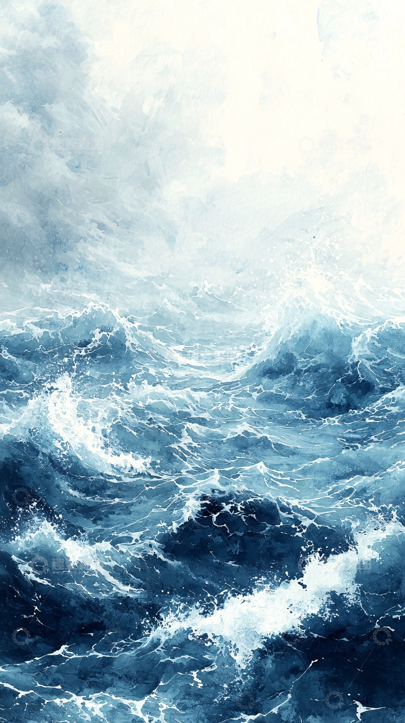 高清大图下载【趣麦麦图】波涛汹涌的海洋水彩画