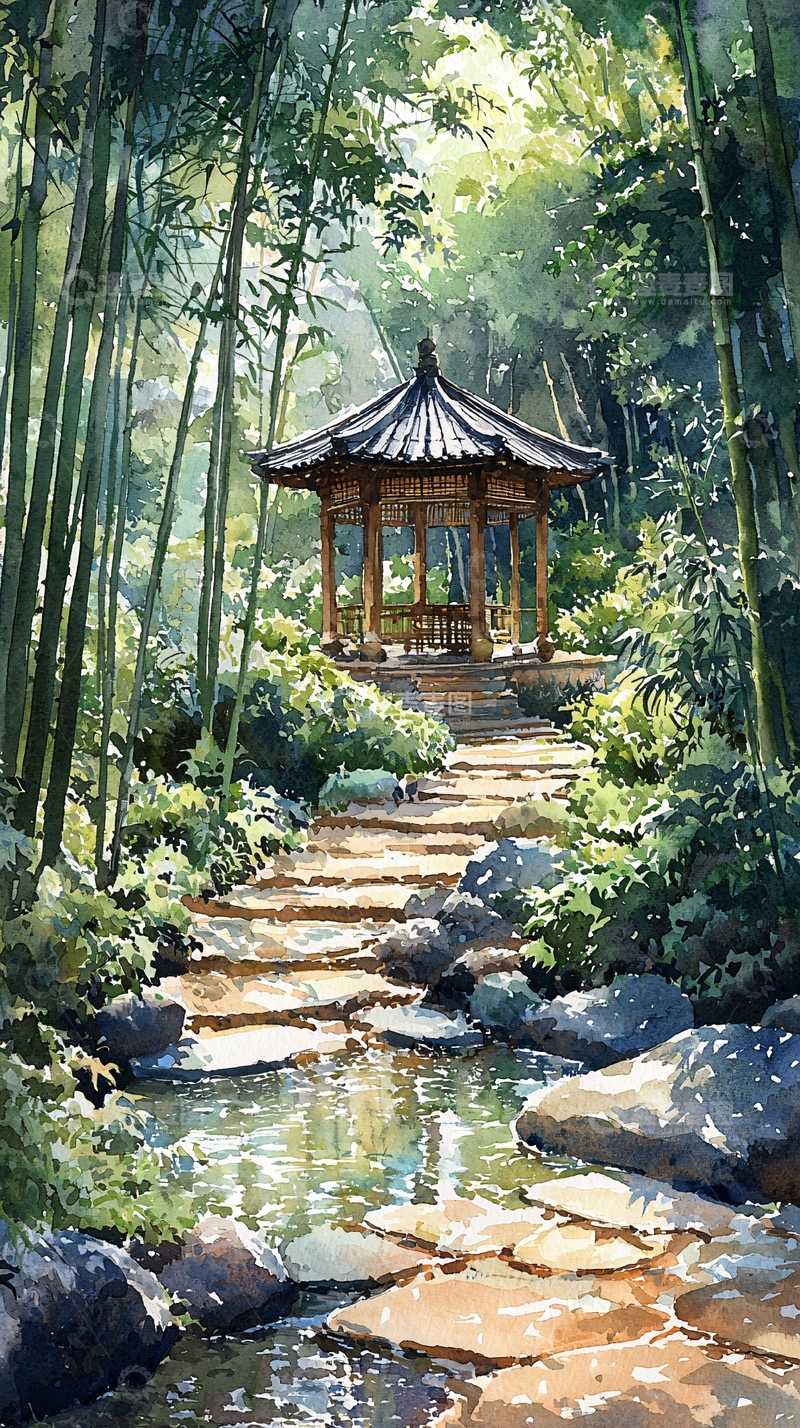 高清大图下载【趣麦麦图】竹林掩映下的古典凉亭