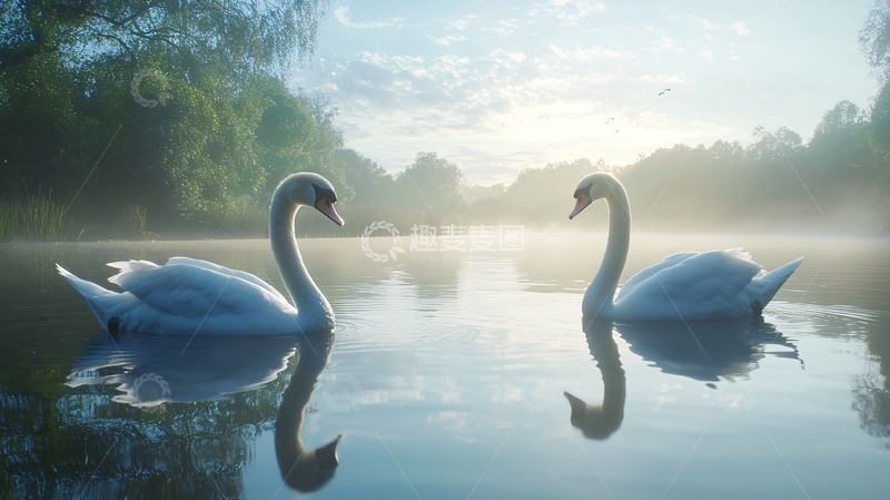 高清大图下载【趣麦麦图】清晨湖面一对天鹅