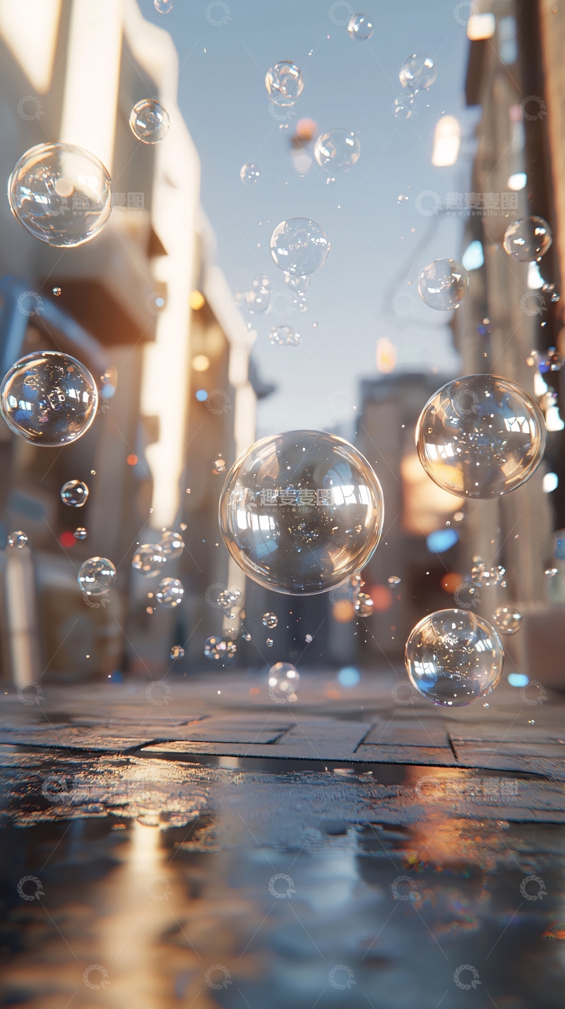 高清大图下载【趣麦麦图】城市街道上漂浮的肥皂泡