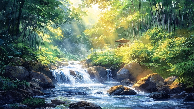 高清大图下载【趣麦麦图】绿意盎然的森林瀑布