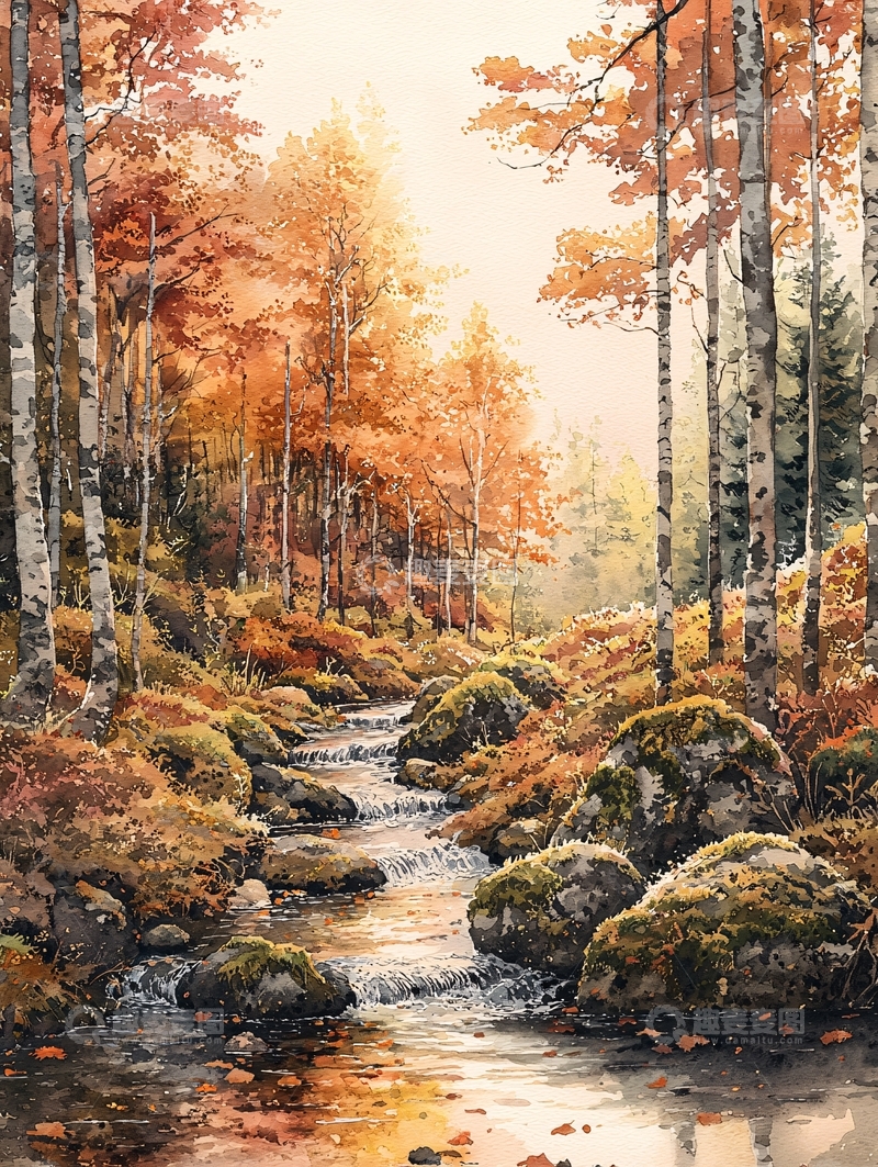 高清大图下载【趣麦麦图】秋日森林小溪