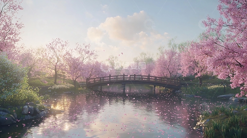 高清大图下载【趣麦麦图】唯美樱花桥流水风景