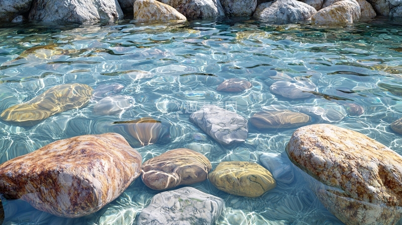 高清大图下载【趣麦麦图】清澈的溪流中鹅卵石