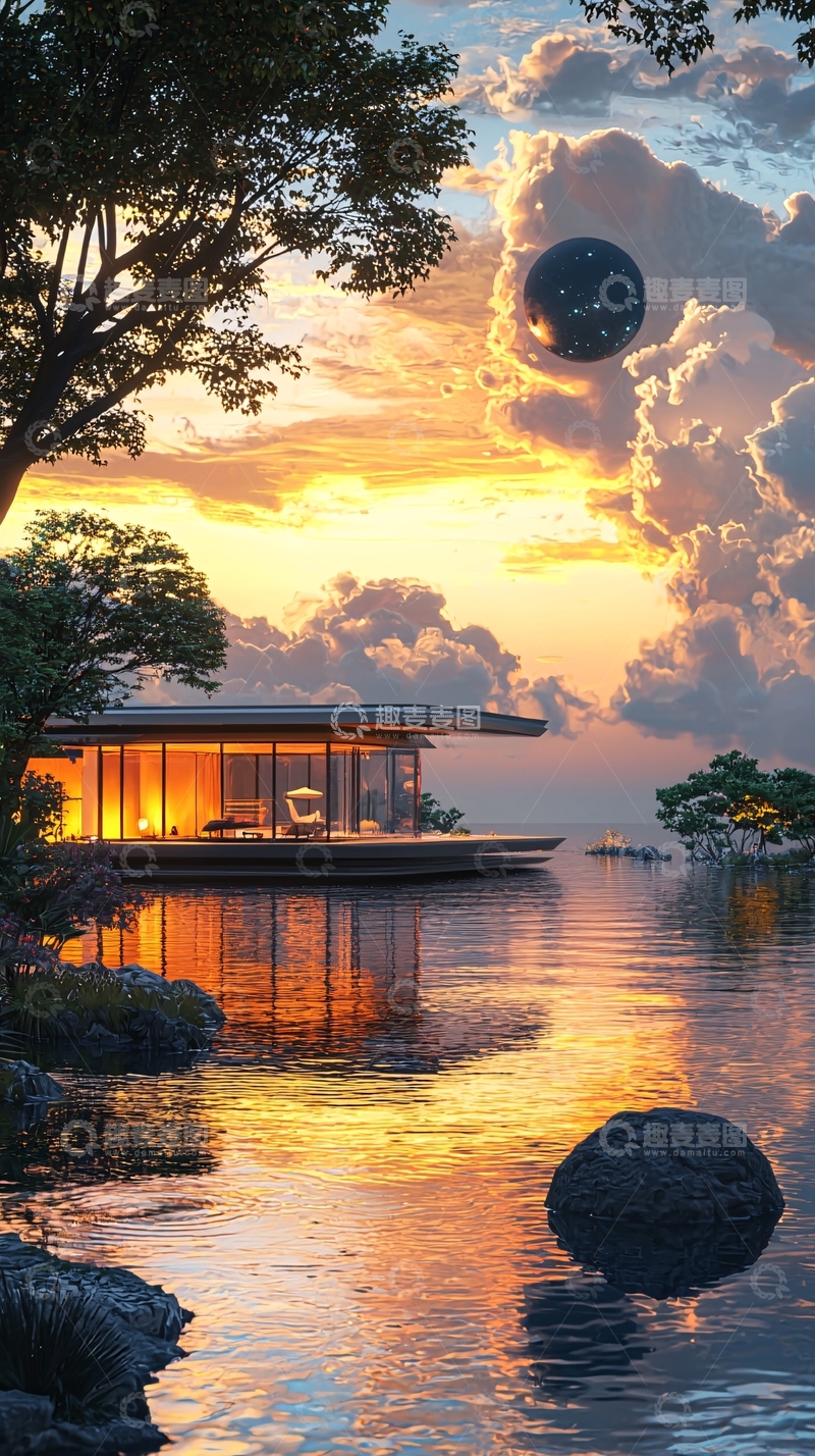 高清大图下载【趣麦麦图】湖边现代住宅夕阳景色