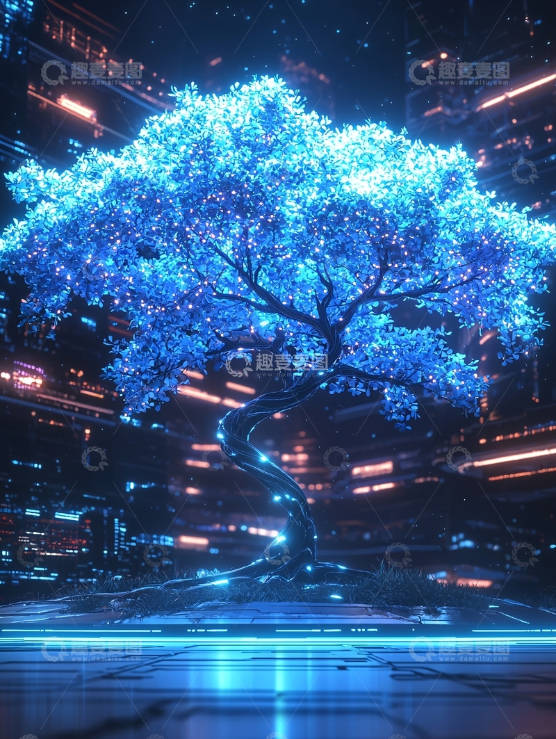 高清大图下载【趣麦麦图】未来科技城市中的蓝色光树