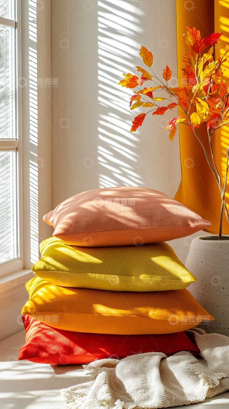 高清大图下载【趣麦麦图】窗边堆叠的暖色系抱枕