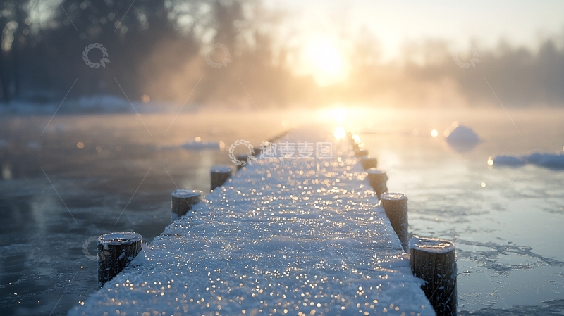 高清大图下载【趣麦麦图】冬日清晨冰面栈桥