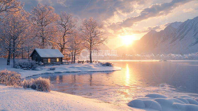 高清大图下载【趣麦麦图】冬季湖边小屋