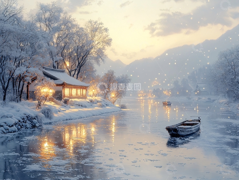 高清大图下载【趣麦麦图】冬日雪景小屋小船河流