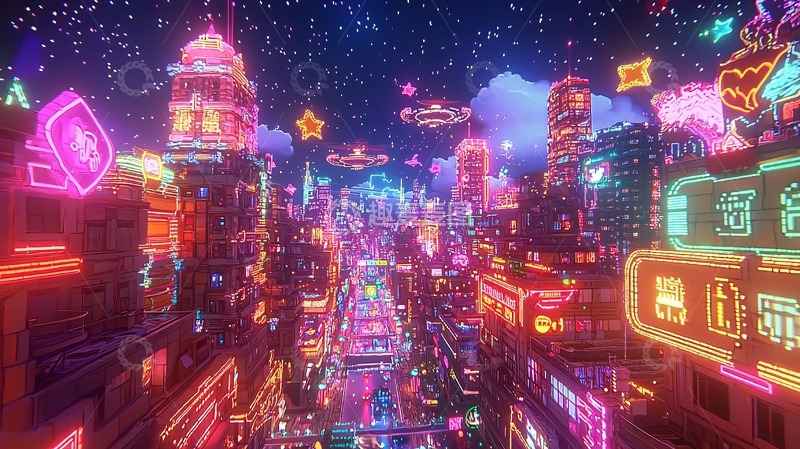 高清大图下载【趣麦麦图】霓虹灯闪烁的未来城市