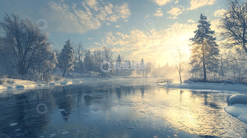 高清大图下载【趣麦麦图】冬日阳光下的冰雪河流