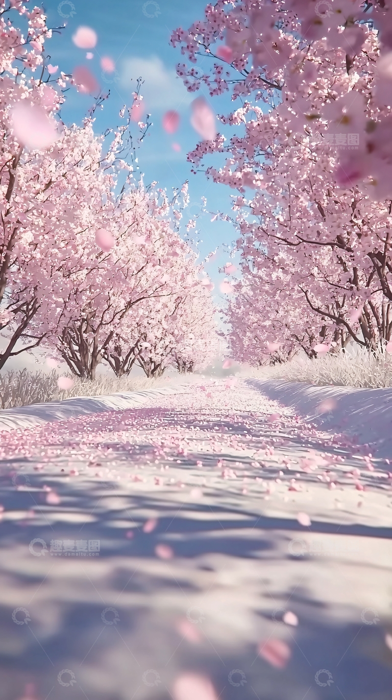 高清大图下载【趣麦麦图】粉雪樱花树林小路