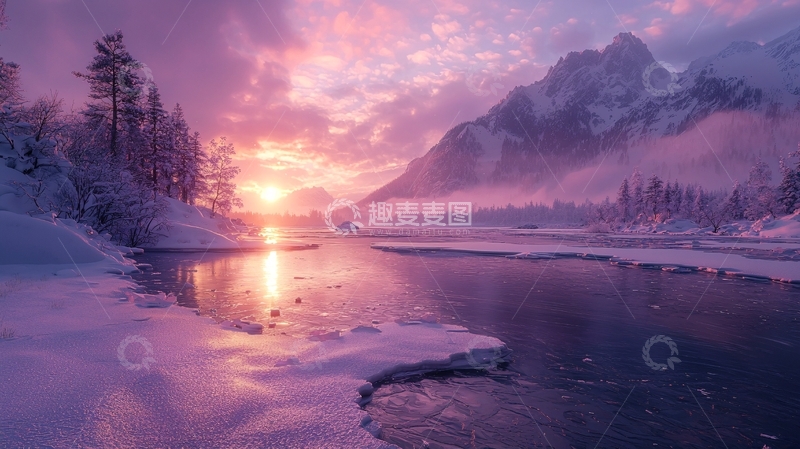 高清大图下载【趣麦麦图】冰雪覆盖的紫粉色日出山景