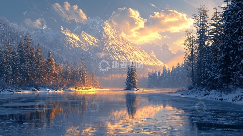 高清大图下载【趣麦麦图】冬日湖畔雪山森林的唯美景色