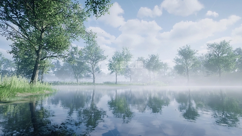 高清大图下载【趣麦麦图】清晨薄雾笼罩的湖边树林