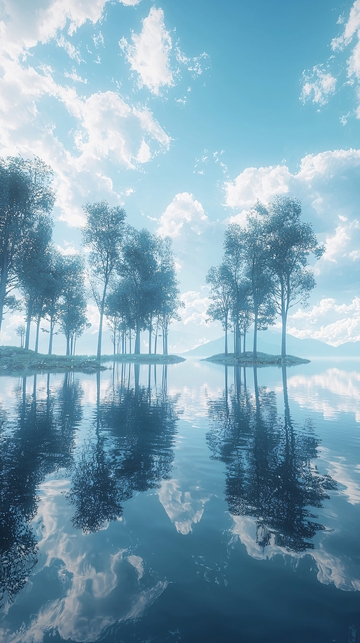 宁静湖边树木倒影