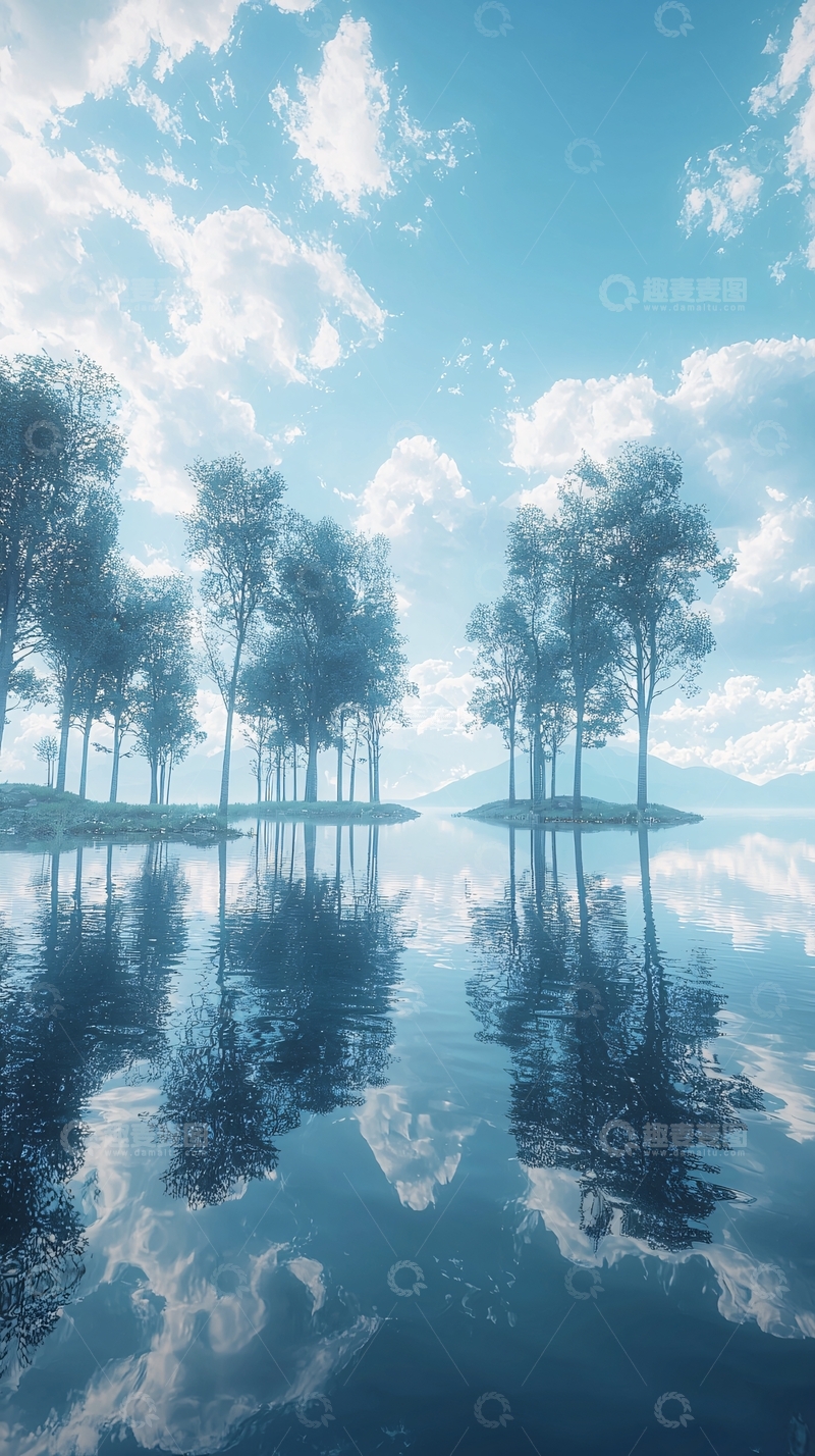 高清大图下载【趣麦麦图】宁静湖边树木倒影