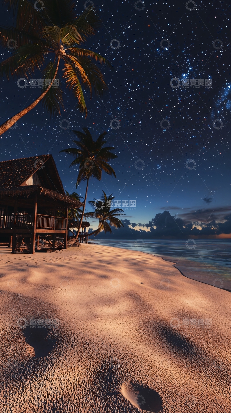 高清大图下载【趣麦麦图】星空下的海滩小屋