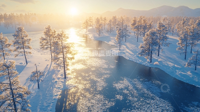 高清大图下载【趣麦麦图】冬季雪景河流夕阳
